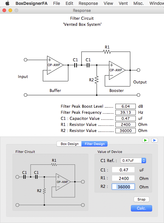 Box designer FA Filter Circuit window imagee.