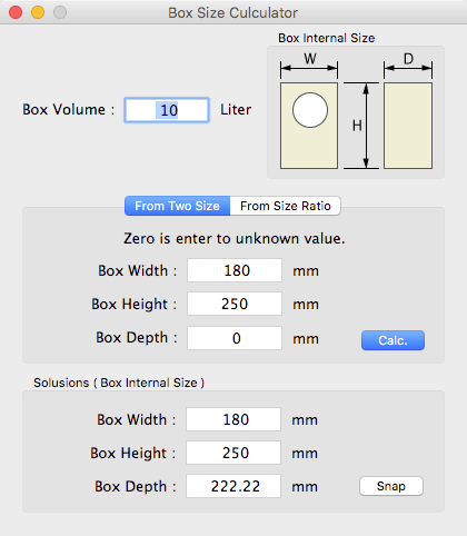 Box Size Calculator From Two Size window imagee.