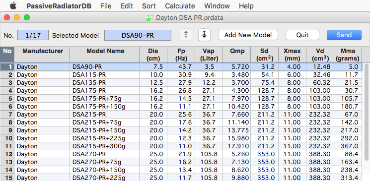 Passive Radiator DB main data base edit window image.